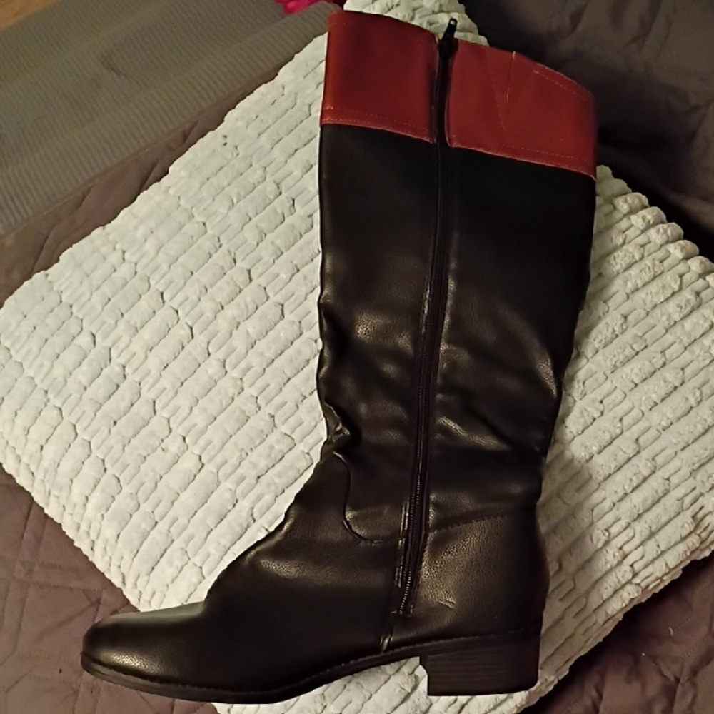 Women's Black and Red Knee-High Boots